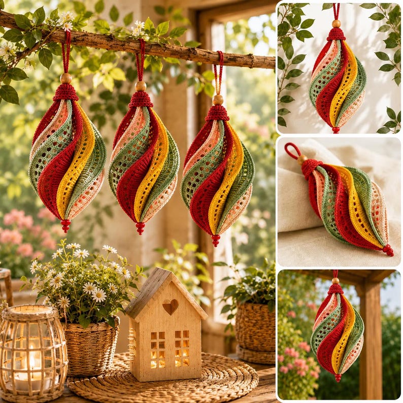 May include: Three teardrop-shaped crochet ornaments featuring spiraling panels in red, yellow, sage green, and cream. Each ornament is topped with a red crocheted cap, a wooden bead, and a hanging loop, with a small red bead at the pointed base.