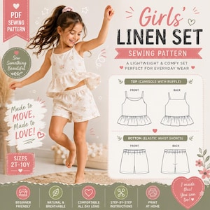 Top and Shorts Sewing Pattern, Girls Linen Camisole & Ruffle Top Summer Set, Kids DIY Digital Sewing Pattern PDF
