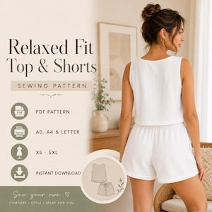 Patrón de costura para top y shorts de corte relajado / Conjunto de ropa de estar por casa para principiantes (descarga digital)
