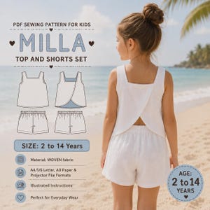 Peut inclure: Un patron de couture PDF pour un ensemble haut et short Milla pour enfants. Le modèle comprend un haut sans manches avec un dos croisé et un short à taille élastique. Disponible en tailles 2 à 14 ans avec formats A4, US Letter, A0 et projecteur.