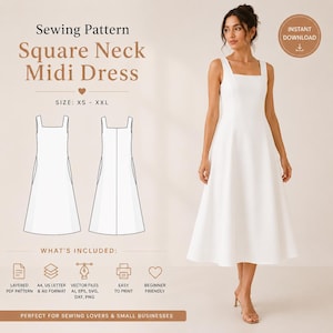 May include: A sewing pattern for a square neck midi dress in sizes XS to XXL. The digital file includes layered PDF, A4, US letter, A0, and vector formats like AI, EPS, SVG, DXF, and PNG. The design features a sleeveless, fitted bodice and a flared skirt.