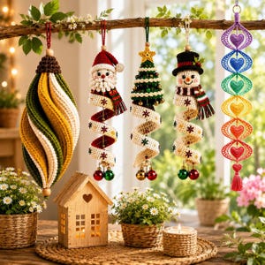 3-pack virkmönster med tvinnad spiral, julgranssnögubbe till jultomten, virkad julgransprydnad i PDF-format, vindsnurra, heminredning