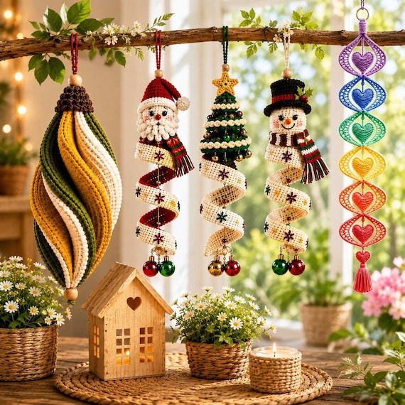 3 Bundle Twisted Spiral Crochet Pattern, Santa Christmas Tree Snowman, Crochet Ornament PDF, Wind Spinner, Home Decor