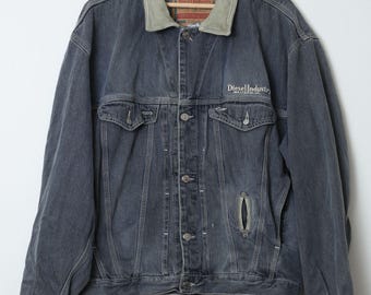 ジャケット・アウター VINTAGE DIESEL TRUCKER JACKET DIESEL VINTAGE, BLACK LEATHER TRUCKER BIKER DENIM JACKET