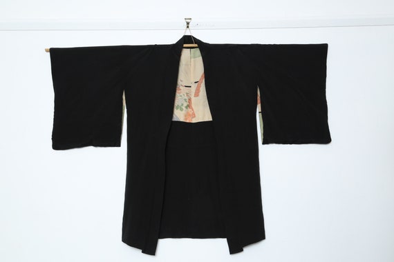 Japanese kimono Haori Black Silk embroidered flor… - image 1