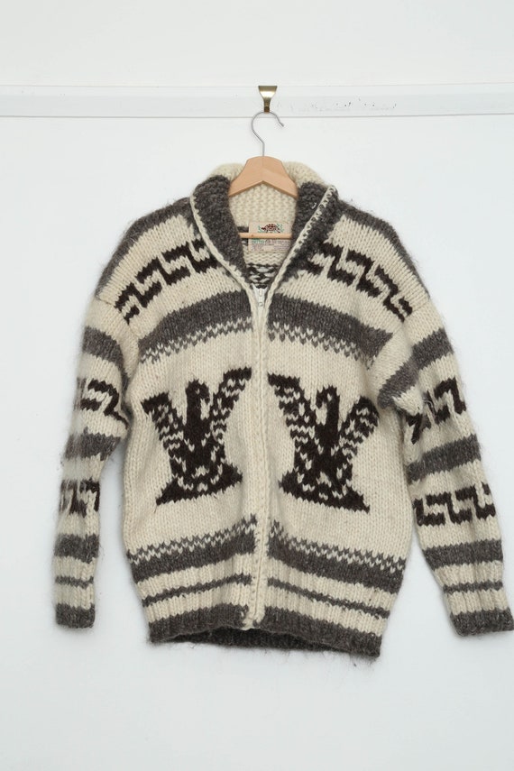 VTG NATIVE CANADIAN COWICHAN INDIAN HAND KNIT CARDIGAN ROCKABILLY HOT ROD 39” M