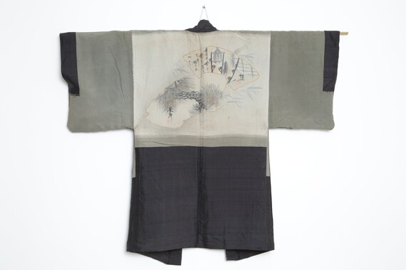 Traditional antique Japanese black silk haori kimo