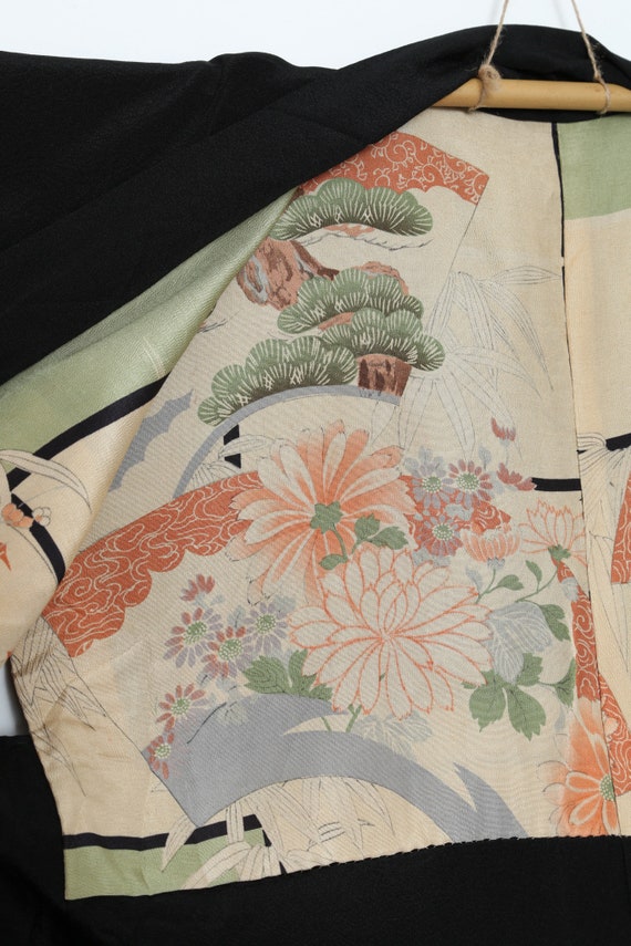 Japanese kimono Haori Black Silk embroidered flor… - image 2