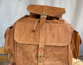 Leather tooled backpack rucksack bag brown