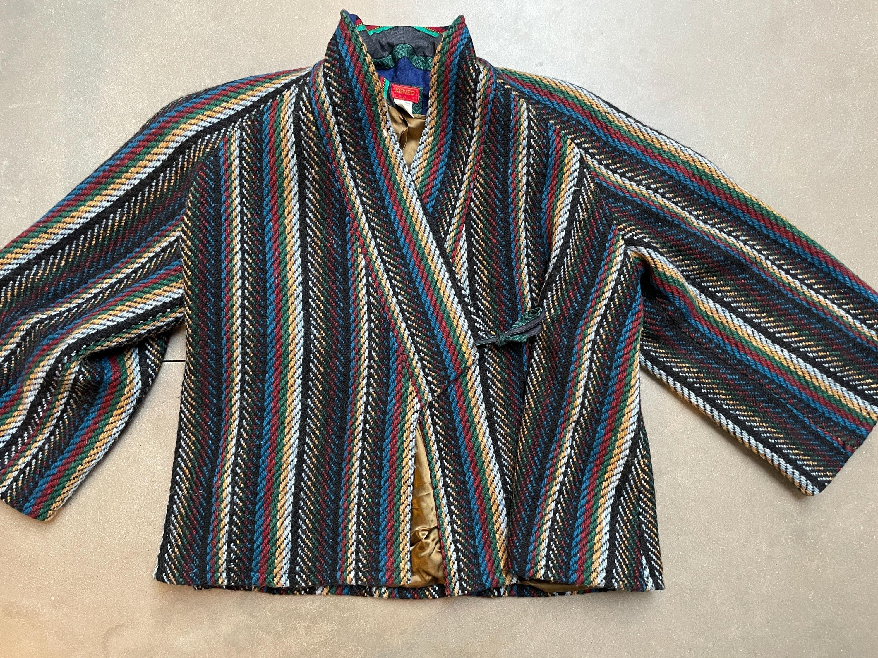 Vintage Kenzo Paris Wool Kimono Jacket Wrap Coat Ethnic Stripe