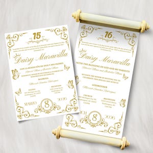 May include: A white rectangular invitation card and a matching white scroll invitation with gold foil accents. Both feature the name Daisy Maravilla, the number 15 or 16, butterfly illustrations, and event details for March 8, 2026, in Washington, DC.
