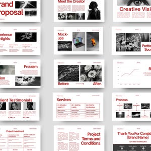 May include: A multi-page brand proposal document template featuring a white background with dark red text and headers. The layout includes sections for project investment, client testimonials, services, and portfolio highlights with black and white imagery.