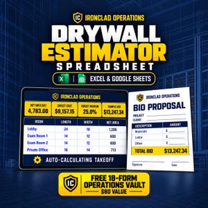 Drywall Estimator Spreadsheet - Commercial Takeoff Template Excel Google Sheets - Contractor Bidding Sheet and Client Proposal Form