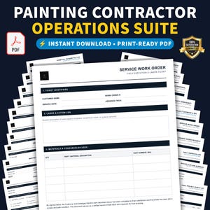 Könnte beinhalten: Eine digitale Sammlung von Geschäftsformularen mit dem Titel Painting Contractor Operations Suite, die eine Service-Arbeitsauftragsvorlage mit Abschnitten für Ticketkennungen, Arbeitsprotokolle und verwendete Materialien als druckfertige PDF-Dokumente enthält.