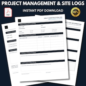 Puede incluir: Un conjunto de formularios imprimibles de gestión de proyectos y registros de obra que incluyen un diario de construcción diario, una solicitud de información y un formulario de proyecto. Los documentos son blancos con texto negro.