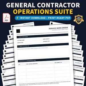 May include: A digital General Contractor Operations Suite document set featuring a Service Work Order form with sections for ticket identifiers, labour and action logs, and materials used. The white paper forms have black text and headers.