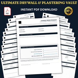 Puede incluir: Una colección digital de formularios comerciales para paneles de yeso y enlucido en formato PDF. La pila de documentos incluye un formulario de solicitud de cambio con secciones para identificadores de contrato y datos financieros.