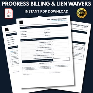 Puede incluir: Una plantilla de documento digital para facturación de progreso y exenciones de gravamen, que incluye un formulario de solicitud de pago con secciones para identificadores de proyecto, resúmenes financieros y una exención de gravamen condicional.