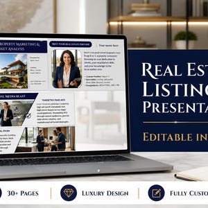 May include: A laptop screen displaying a real estate listing presentation template with dark blue and white sections, featuring text fields for property marketing, agent biography, and social media strategies, with a gold badge stating Editable in Canva.