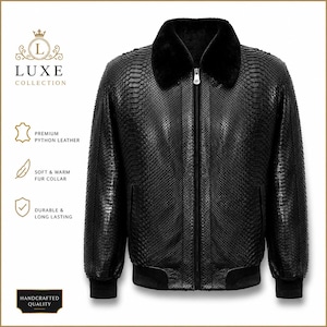 Men's Black Python Leather Jacket, Snakeskin Bomber Jacket with Fur Collar, Genuine Leather Zip Up Jacket, Ribbed Hem for Men