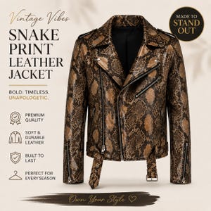 Chaqueta de cuero para hombre con estampado de pitón, chaqueta motera de piel de serpiente, chaqueta motera asimétrica de cuero genuino con cremallera y correas para cinturón para hombre.