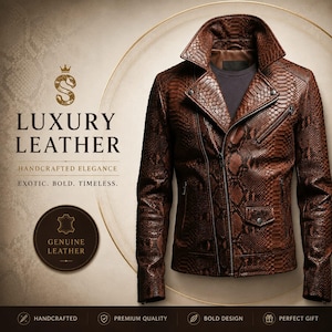 May include: A brown leather jacket with a textured snakeskin pattern, featuring a wide collar, an asymmetrical front zipper, and a zippered chest pocket. The image includes text that reads LUXURY LEATHER, HANDCRAFTED ELEGANCE, EXOTIC. BOLD. TIMELESS.