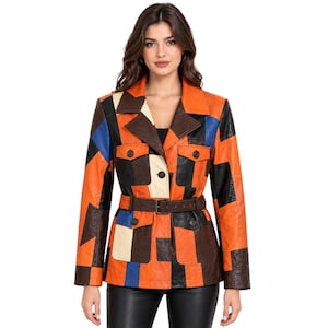 Patchwork leren jas, veelkleurige jas met riem, retro jaren 70-stijl