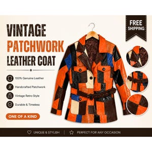 Patchwork leather jacket, multicolor belted coat, retro 70s style
