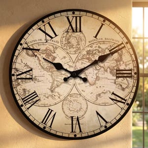 Vintage-Weltkarten-Wanduhr, geräuschlose rustikale Bauernhausuhr, große antike Wanddekoration, Uhr mit römischen Ziffern, Geschenk für Zuhause
