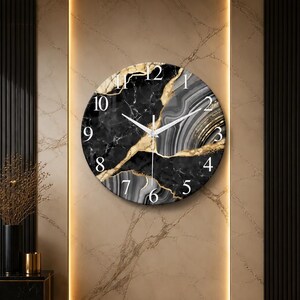 Modern Glass Wall Clock, Black Gold Marble Pattern, Silent Wall Clock, Contemporary Home Decor, Living Room Wall Art