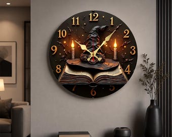 Wizard Wall Clock, Dark Academia Decor, Magic Book Clock, Gothic Fantasy Wall Art, Witch Room Decor, Silent Wooden Clock Gift
