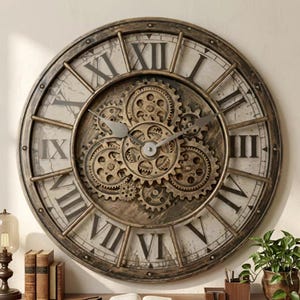 Puede incluir: Un reloj de pared redondo grande con un marco de metal en tono bronce oscuro y una esfera clara con números romanos negros. El centro muestra un sistema de engranajes mecánicos expuestos en un acabado bronce a juego con dos manecillas.