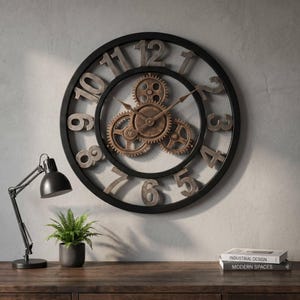 May include: A large round wall clock with a black frame and metallic bronze numerals from 1 to 12. The center features an exposed gear mechanism in a matching bronze finish with two thin clock hands, creating an open-work design.