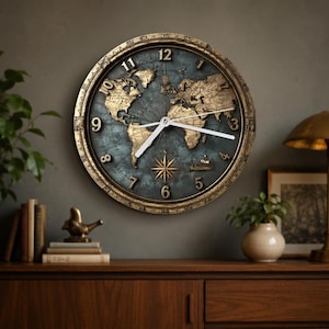 Vintage World Map Wall Clock | Silent Industrial Wall Clock | Rustic Travel Home Decor for Living Room Office Gift