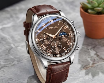 Men's Vintage Chronograph Watch, Brown Leather Watch, Classic Elegant Wristwatch, Luxury Style Gift for Him, Gentleman Anniversary Gift