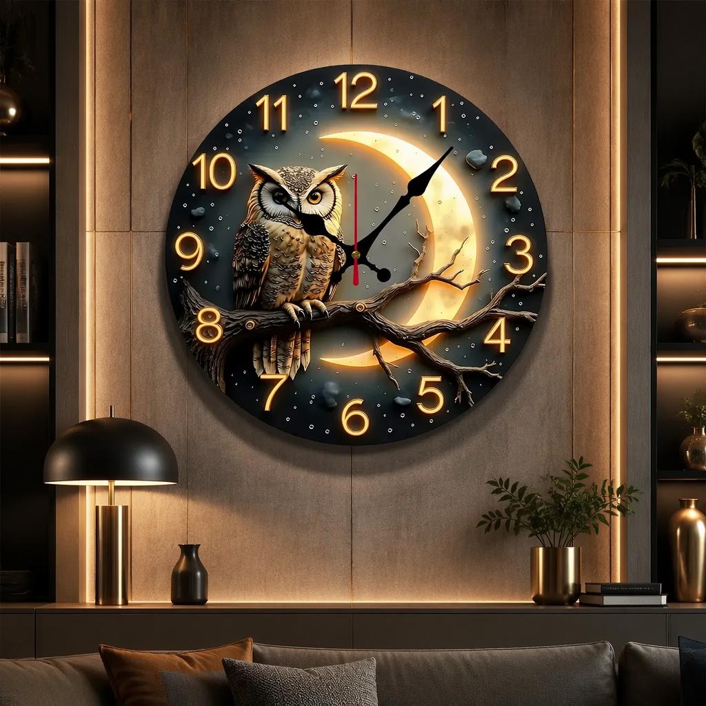 Owl Wall Clock with Moon, Silent Wooden Wall Clock, Woodland Decor, Rustic Nature Clock, Cottagecore