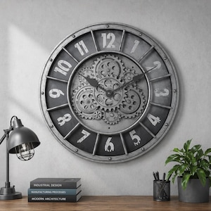 Large Industrial Wall Clock with Decorative Gears | Vintage Metal Loft Wall Decor | Modern Steampunk Style