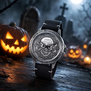 May include: A wristwatch with a black leather strap and a silver-toned circular face featuring an embossed skull design in the center. The dial displays the brand name KSENRUI above the skull, surrounded by an intricate, engraved metal border.
