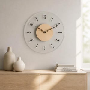 Minimalist Modern Wall Clock, Beige & Clear Acrylic, Scandinavian Living Room Decor, Unique Geometric Analog Clock