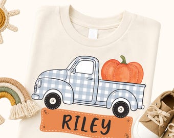 Personalized Pumpkin Truck Shirt, Custom Name Kids Fall Tee, Gingham Toddler Thanksgiving Outfit, Autumn Boy Girl Top