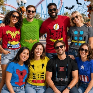 Pode incluir: Um grupo de oito pessoas veste camisetas com temas de super-heróis. As camisetas apresentam designs de Wonder Woman, Aquaman, The Flash, Thor, Spider-Man, Wolverine, Black Widow e Captain America, combinadas com calças jeans azuis.