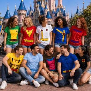 Peut inclure: Un groupe de personnes portant divers t-shirts colorés avec des imprimés graphiques de costumes de super-héros, incluant des motifs jaunes, rouges, blancs, bleus et noirs, avec des shorts ou jeans en jean devant un grand château.