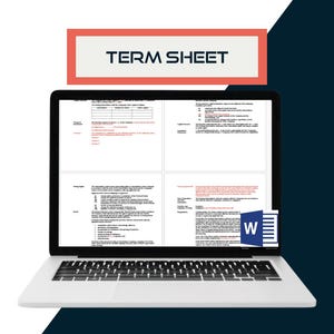 May include: A silver laptop displaying a document titled TERM SHEET on its screen. The document contains various legal clauses and tables. A blue Microsoft Word icon is visible in the bottom right corner of the screen, indicating a digital file format.