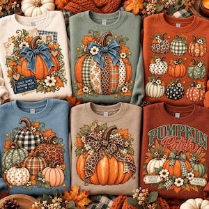 May include: Six crewneck sweatshirts featuring autumn-themed pumpkin graphics. Designs include pumpkins with plaid, leopard, and polka dot patterns, decorated with bows, leaves, and flowers. One shirt displays the text 'COZY DAYS AUTUMN WAYS' and another 'PUMPKIN PATCH FRESHLY PICKED AUTUMN FAVORITES'.