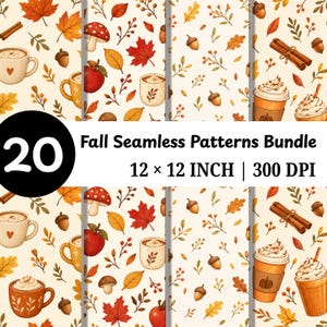 Puede incluir: Una colección digital de 20 patrones otoñales sin costuras con ilustraciones de hojas, bellotas, setas, manzanas rojas, ramas de canela y tazas de café. El texto dice 20 Fall Seamless Patterns Bundle 12 x 12 INCH | 300 DPI.