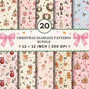 Op de afbeelding: Een digitale collectie van 20 naadloze kerstpatronen met feestelijke motieven zoals sneeuwbollen, notenkrakers, rendieren, peperkoekmannetjes en ornamenten. Tekst: 20 CHRISTMAS SEAMLESS PATTERNS BUNDLE 12 x 12 INCH | 300 DPI.