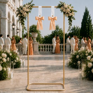 May include: A rectangular gold metal frame stand featuring two white vertical fabric straps, each adorned with a peach-colored satin bow. The top corners of the frame are decorated with arrangements of white flowers and green foliage.