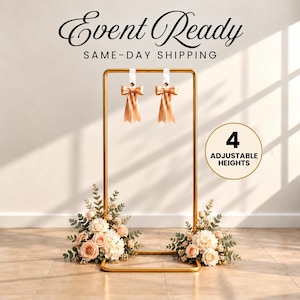May include: A rectangular gold metal display stand featuring two satin peach-coloured bows hanging from the top bar. Two floral arrangements with peach roses and greenery sit at the base. A circular badge states 4 ADJUSTABLE HEIGHTS.