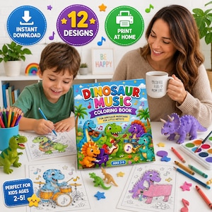 Dinosaur coloring Ebook / 12 activity sheets featuring dinosaurs playing instruments, plus 3 bonuses (printable digital PDF)