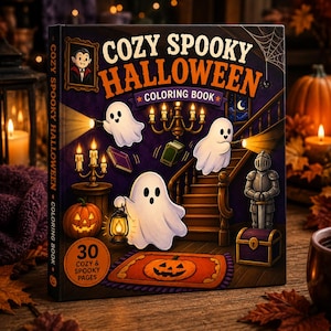 Puede incluir: Un libro de colorear cuadrado titulado Cozy Spooky Halloween que muestra una escena interior morada con tres fantasmas blancos, una lámpara de araña encendida, una armadura, un cofre del tesoro y una alfombra de calabaza. La portada incluye 30 páginas.